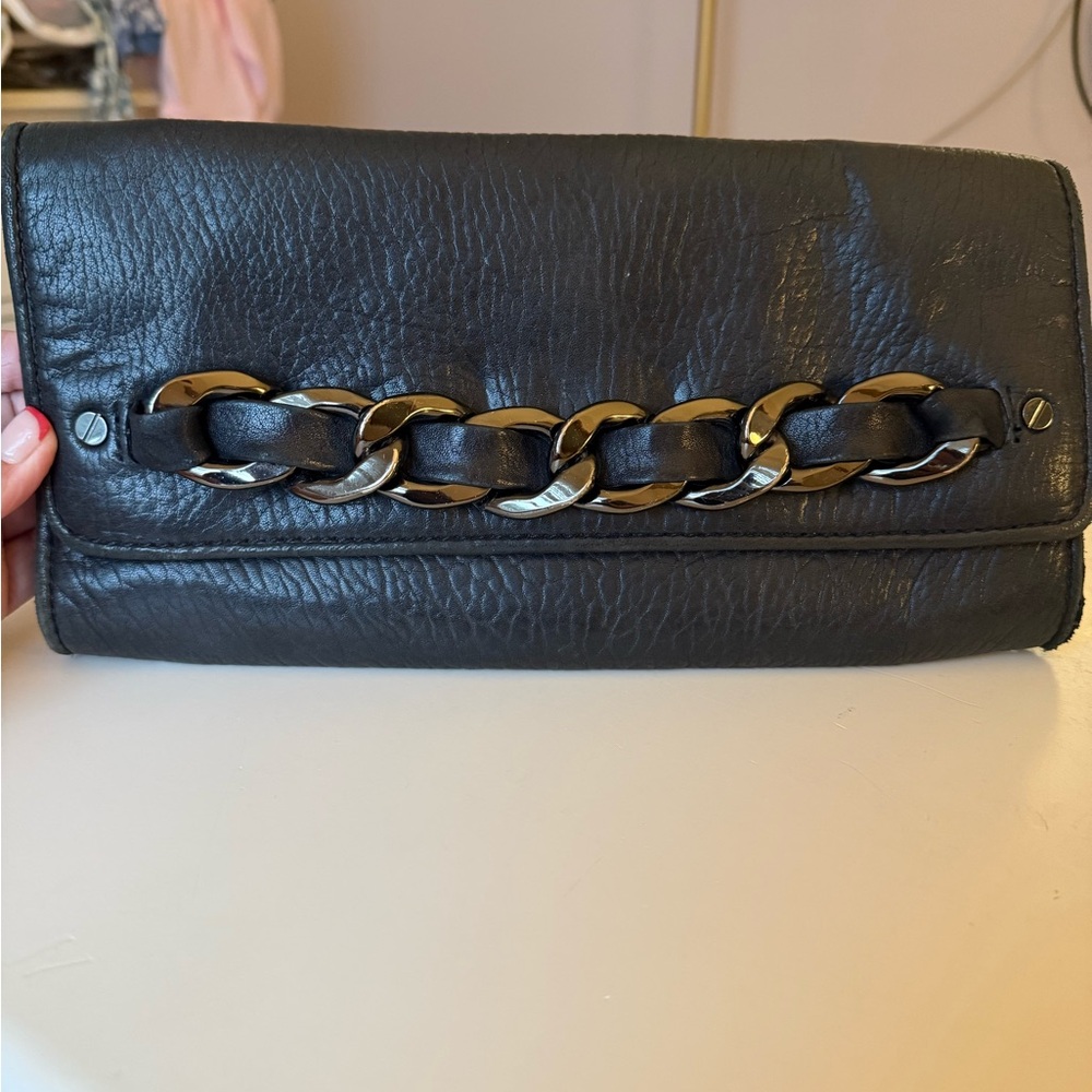 Michael Kors Black Leather Clutch with Chain Detail